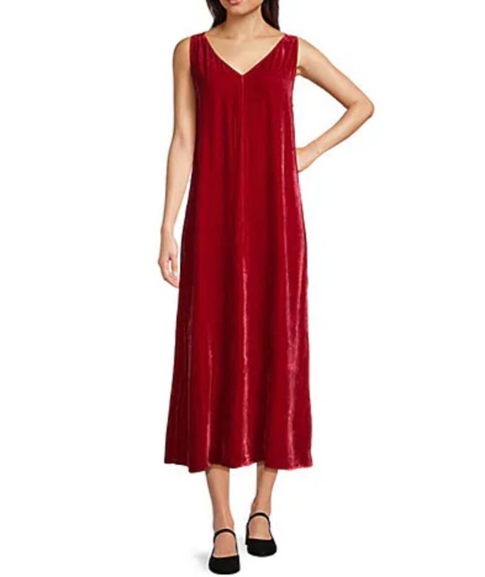 Eileen Fisher Velvet Dress Midi V Neck Sleeveless Minimalist Ruby Red Large NWT